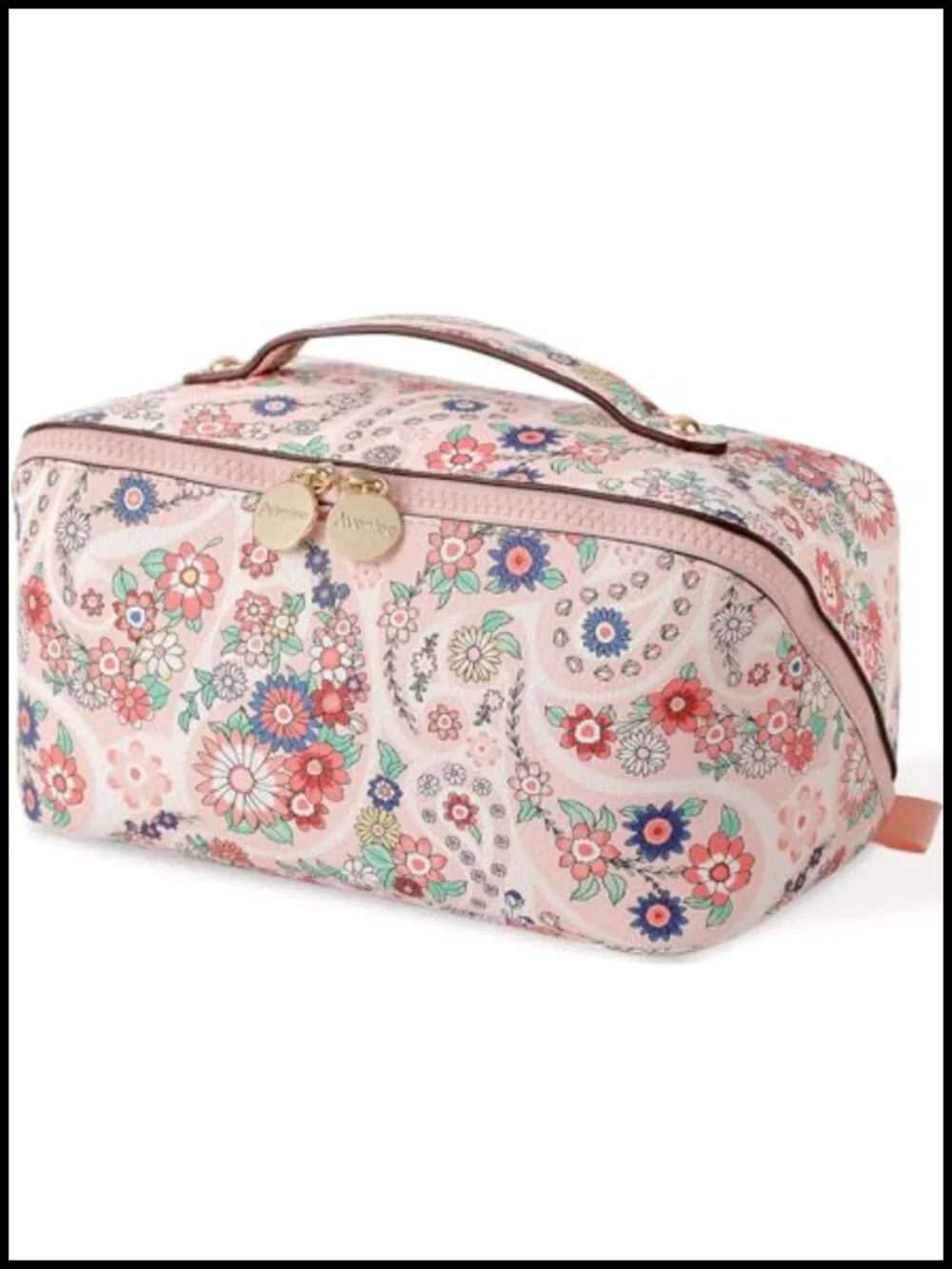 Large Travel Makeup Bag with Open-Flat Design, Clear Divider & Handle,